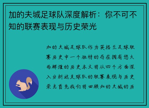 加的夫城足球队深度解析：你不可不知的联赛表现与历史荣光